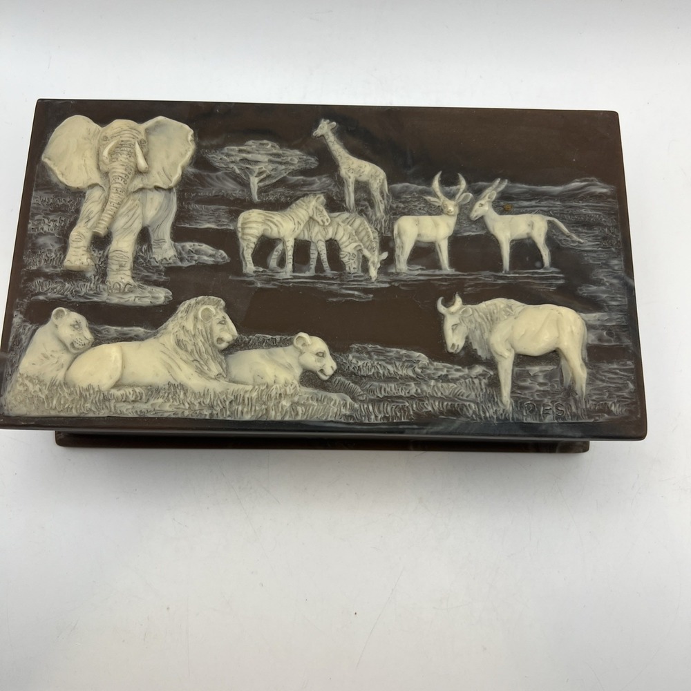 Vintage Genuine Incolay Stone Jewelry Box African Safari Wildlife Rare